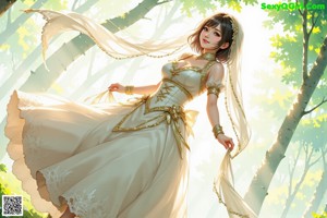 A woman in a wedding dress standing in a forest.