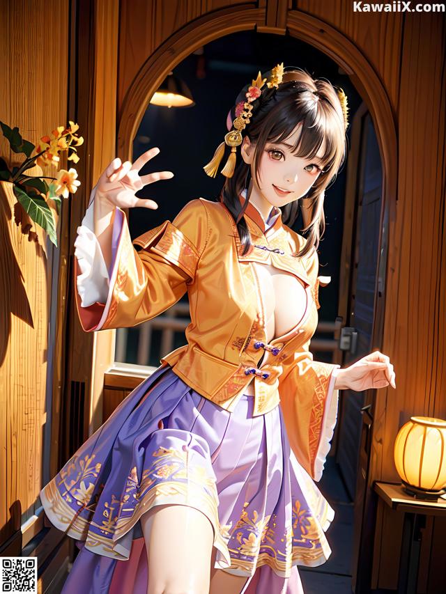 A woman in a yellow and purple dress standing in front of a door.