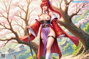 A woman in traditional attire holds a sword outside a wooden building with greenery around.