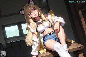 A woman in a white top with a cat ears on her head.
