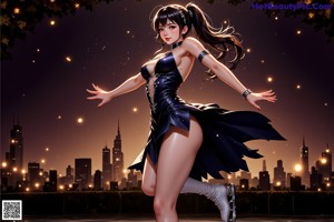 A woman in a black and pink dress dancing in front of a crowd.