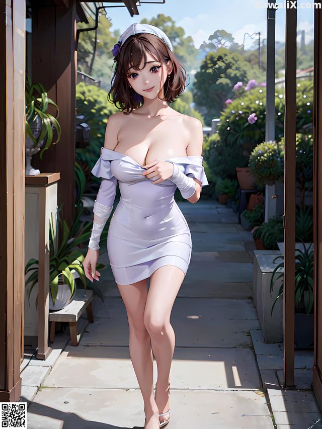 A woman in a white dress is walking down a sidewalk.