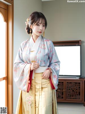 A woman in a blue kimono sitting on a bed.