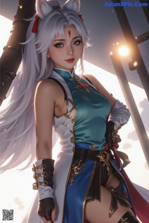 A woman in a blue dress holding a sword.