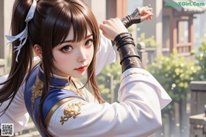 A woman in an elegant outfit with intricate gold detailing and a blue sash.