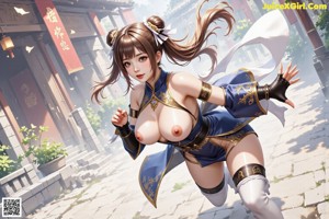 A woman in a blue and gold outfit wields a glowing sword.
