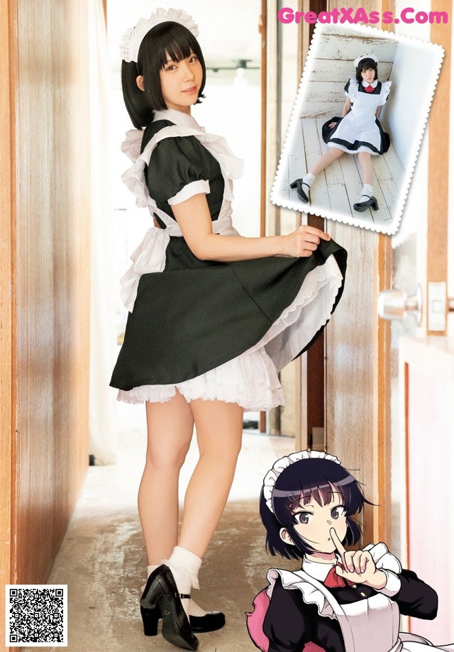 A woman in a maid outfit is posing for a picture.