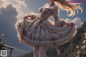 A woman in a white dress with long blonde hair.