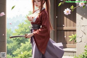 A woman in traditional attire stands in a cherry blossom garden, holding her hair.