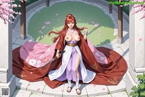 A woman in traditional attire stands in a cherry blossom garden, holding her hair.