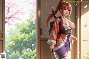 A woman in traditional attire holds multiple swords, standing outdoors near a building with cherry blossoms.