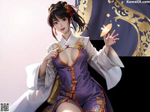 A woman in a kimono sitting on a window sill.