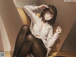 A woman sitting on a couch with her legs crossed.