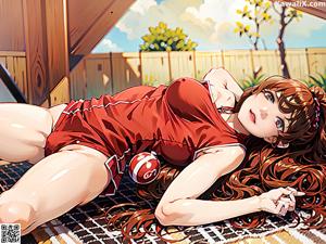 A girl in a school uniform crouching down in the grass.