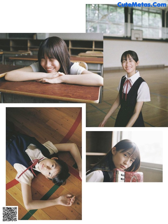 A collage of photos of a girl in a school uniform.