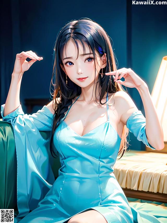 A woman in a blue dress sitting on a bed.