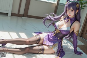 A woman in a purple dress sitting on a tree branch.