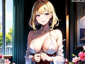 Anime girl with big tits posing in a bathroom.