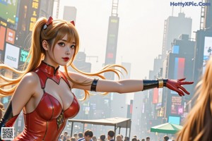 A woman in a red latex outfit standing by a window.