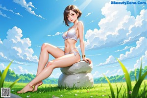 A woman in a blue bikini sitting on a bed.