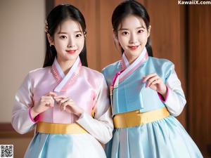 A woman in a yellow and white hanbok posing for a picture.