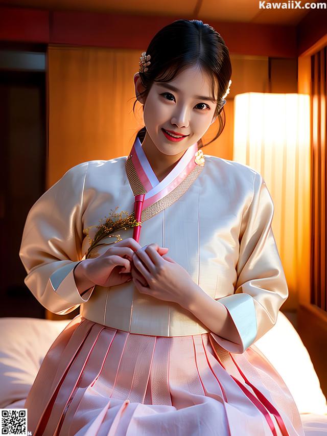 A woman in a pink and white hanbok sitting on a bed.