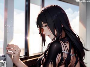 A woman in a bodysuit sitting on a bed.