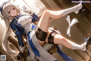 A woman in a blue and white outfit sitting on a window sill.