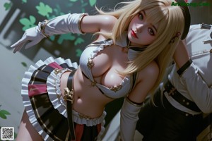 A woman in a pink and black dress holding a sword.