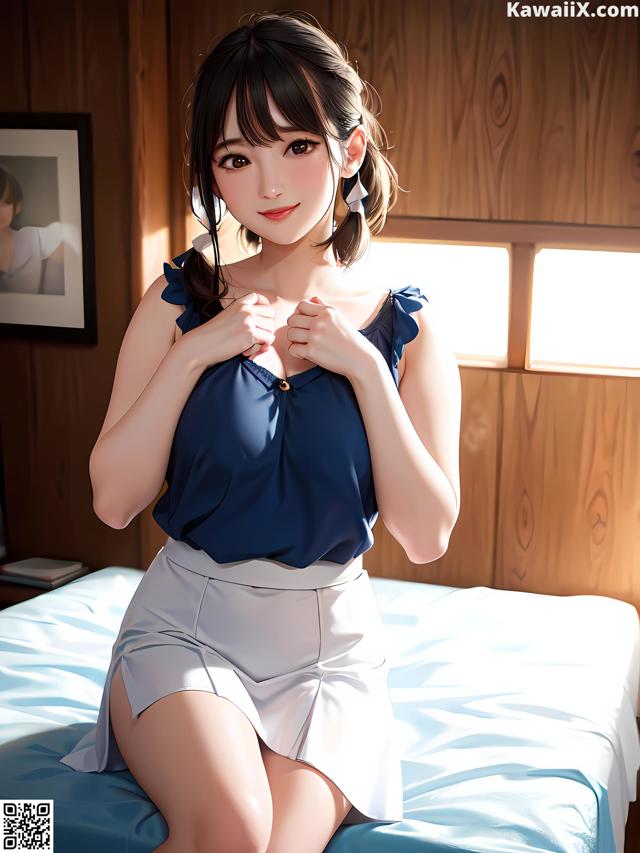 A woman in a blue top and white skirt sitting on a bed.