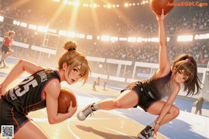 A girl in a blue and white uniform holding a basketball.