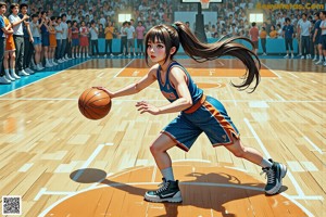 A girl in a cheerleading uniform holding a basketball in front of a crowd.