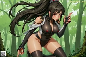 A woman in a white shirt and black stockings standing in a forest.