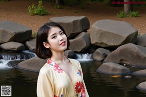 A naked asian woman sitting on a wooden bench with a yellow towel.