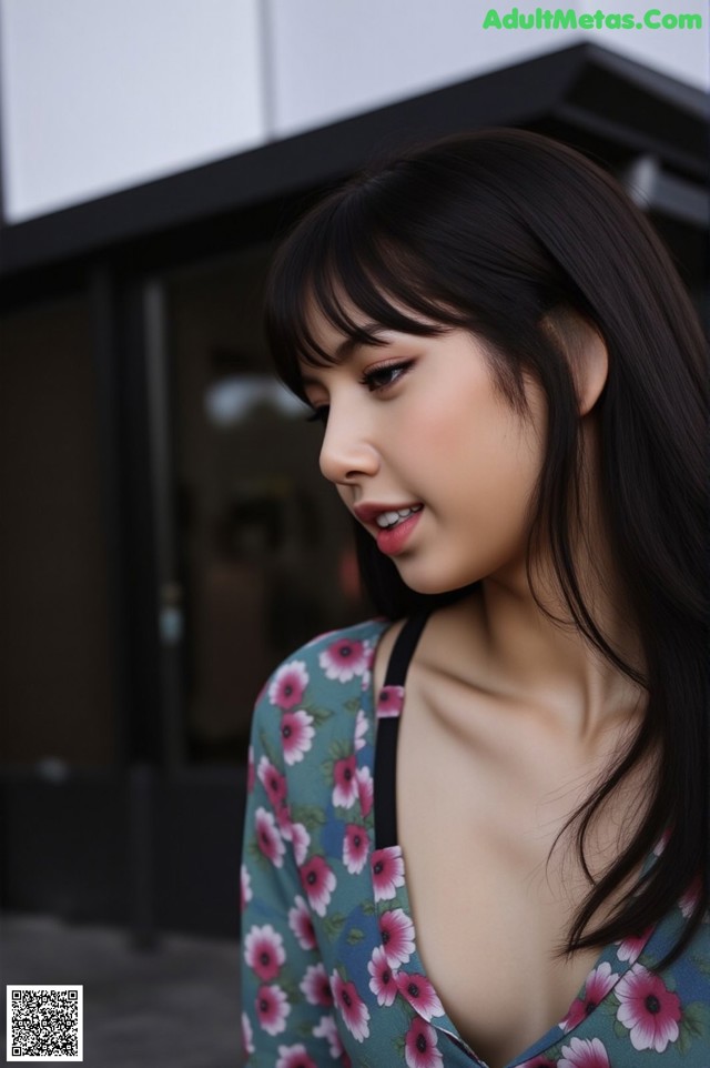 A woman with long black hair wearing a floral dress.