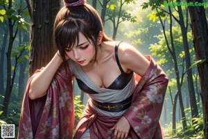 A woman in a kimono is posing in the woods.