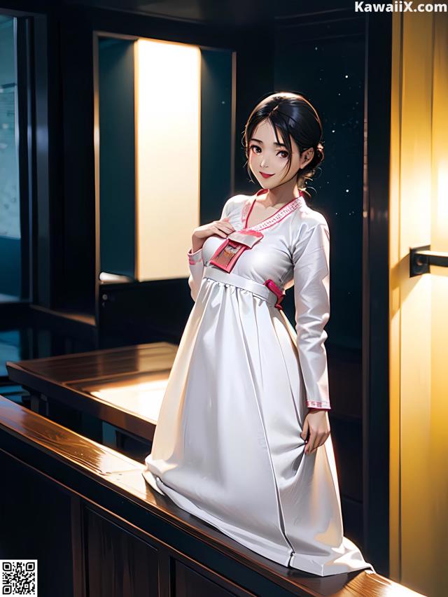 A woman in a white dress standing on a counter.