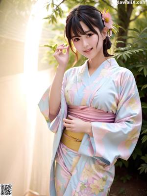 A woman in a yellow kimono sitting on a wooden bench.