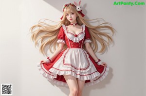 a sexy asian woman in a red and white dress sitting on a couch