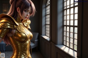 A woman in a gold outfit posing by a window.