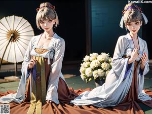 A woman in a white and gold dress standing in a garden.
