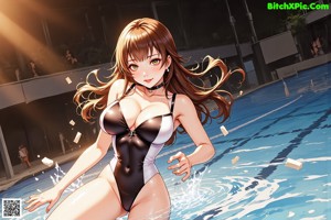 A woman in a black bathing suit standing in a pool.