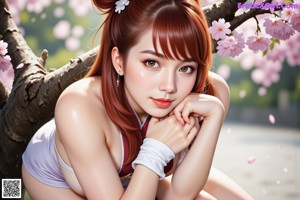 A woman in traditional attire holds a sword amidst cherry blossoms and clouds.