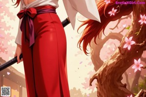 A woman in traditional attire holds a sword, standing outdoors with cherry blossoms and greenery.