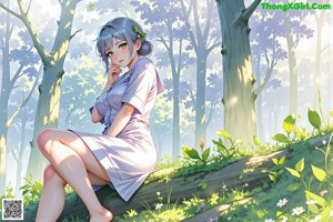 A nude woman sitting on top of a wooden table.