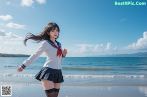 A woman in a sailor outfit is standing in a pool.
