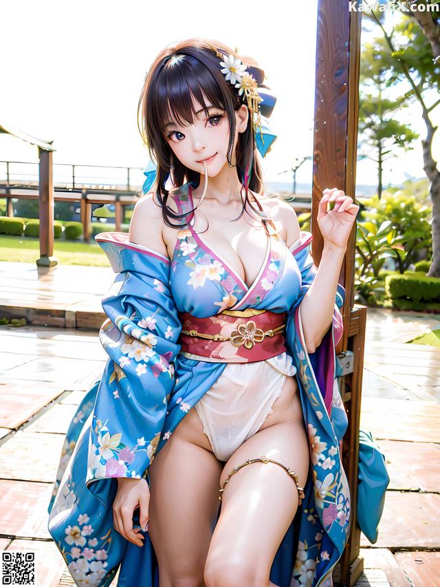 A woman in a blue kimono sitting on a wooden bench.